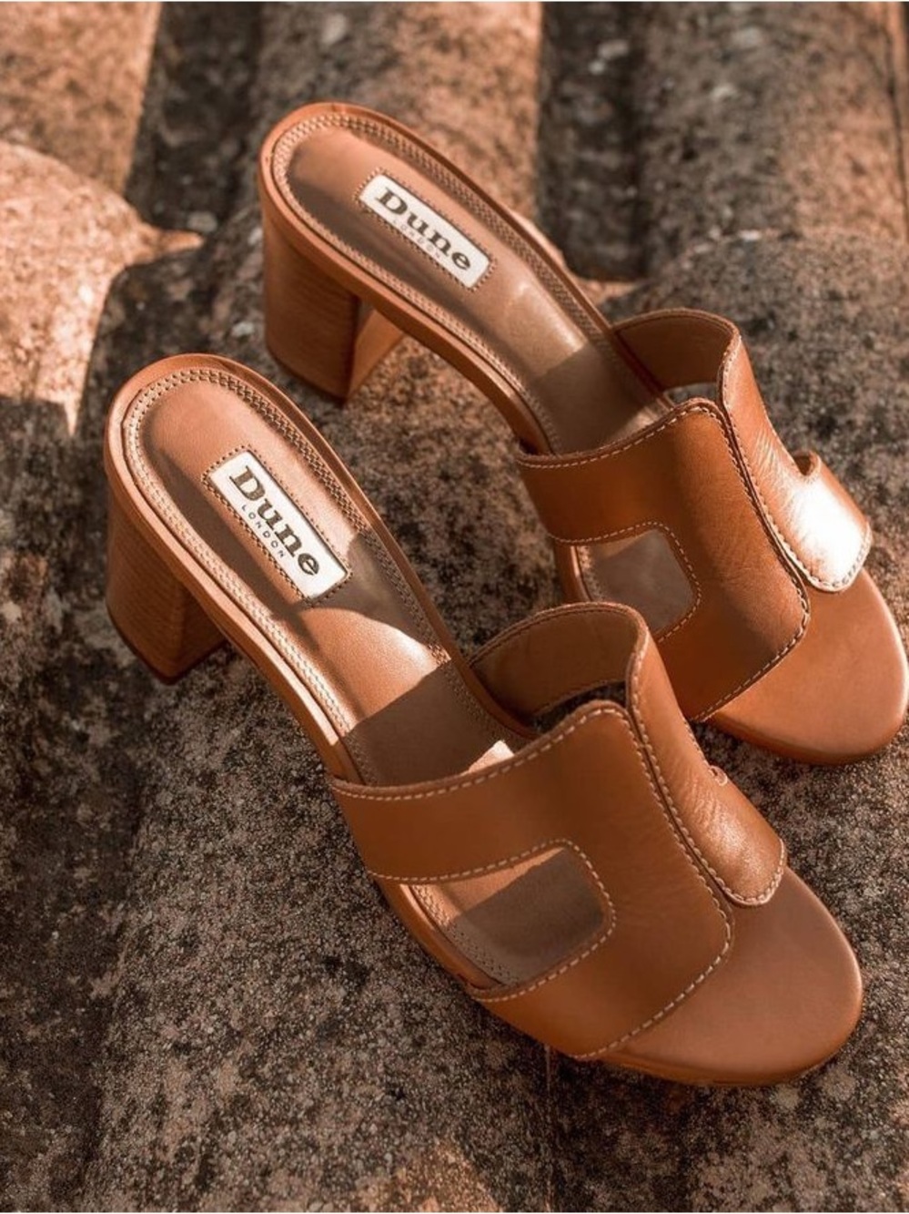 Dune London Tan Leather Block Heel Slide Sandals Size 39